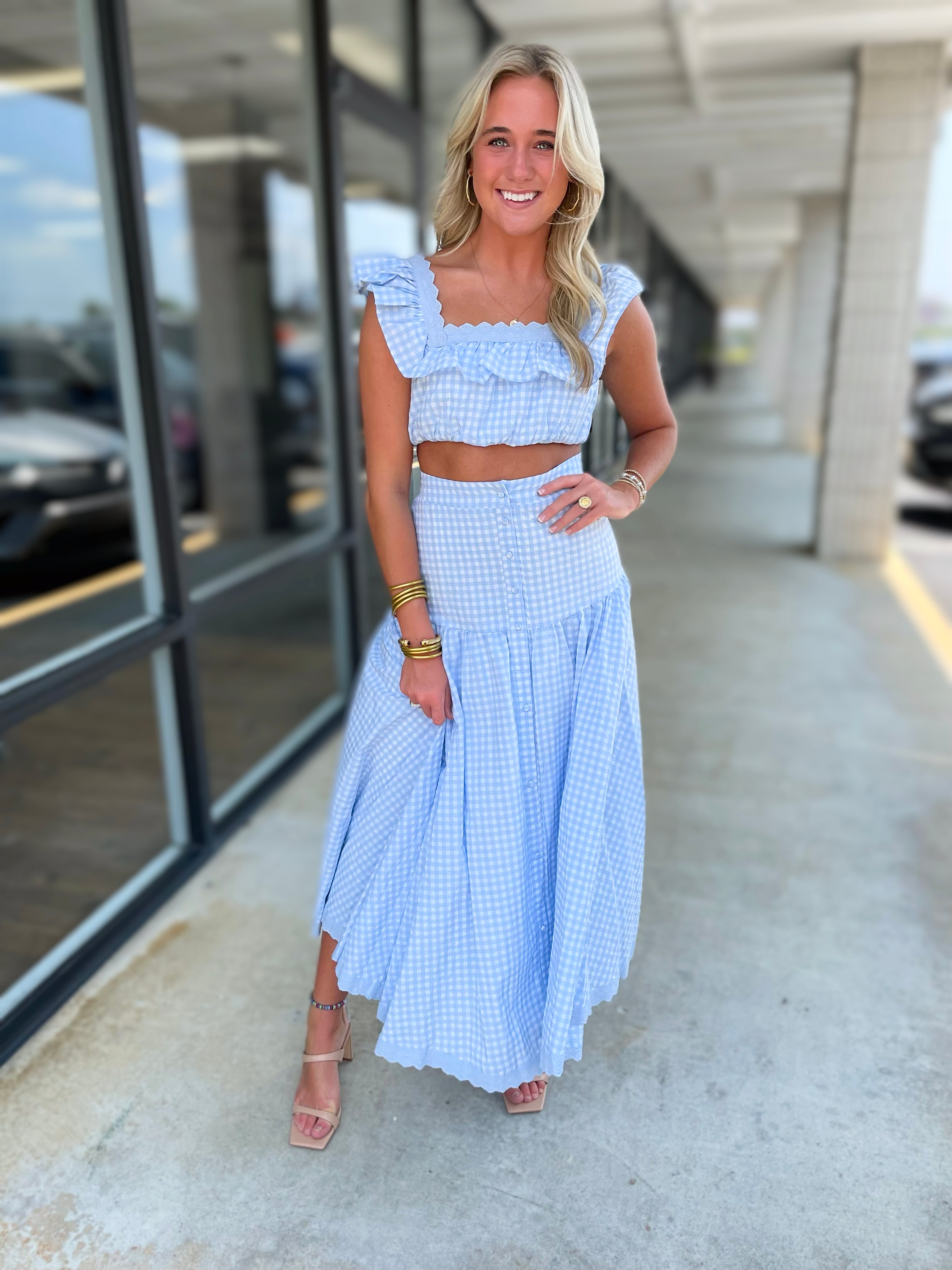 Blue Gingham Full Skirt RALPH LAUREN 100% LINEN WRAP SKIRT,BLUE