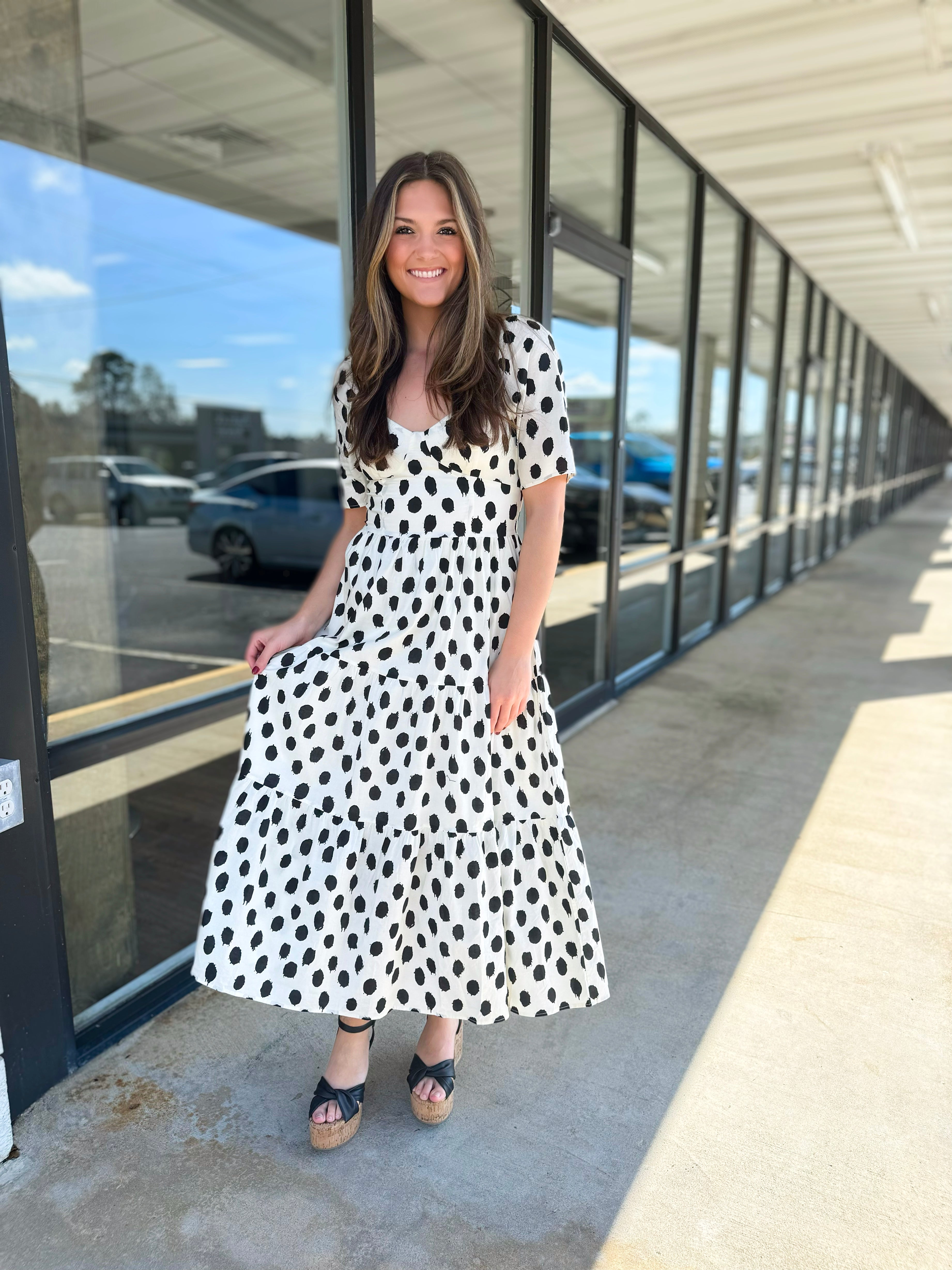 Polka Dot Midi Dress-Cream Unique Boutique Polka Dot Midi Dress-Cream Unique Boutique