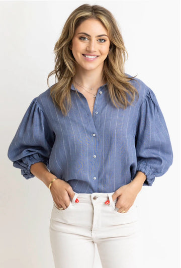 Stripe Puff Sleeve Button Up Тор