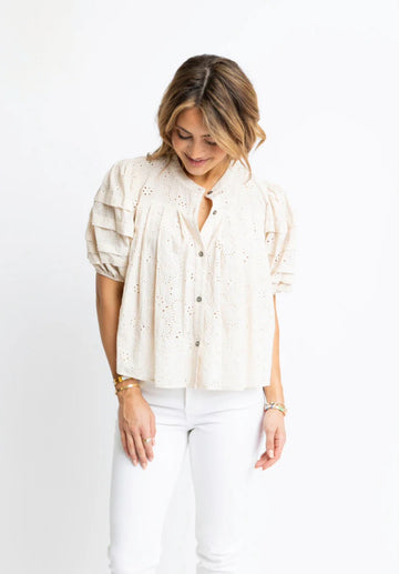 Karlie Eyelet Button Puff Sleeve Top