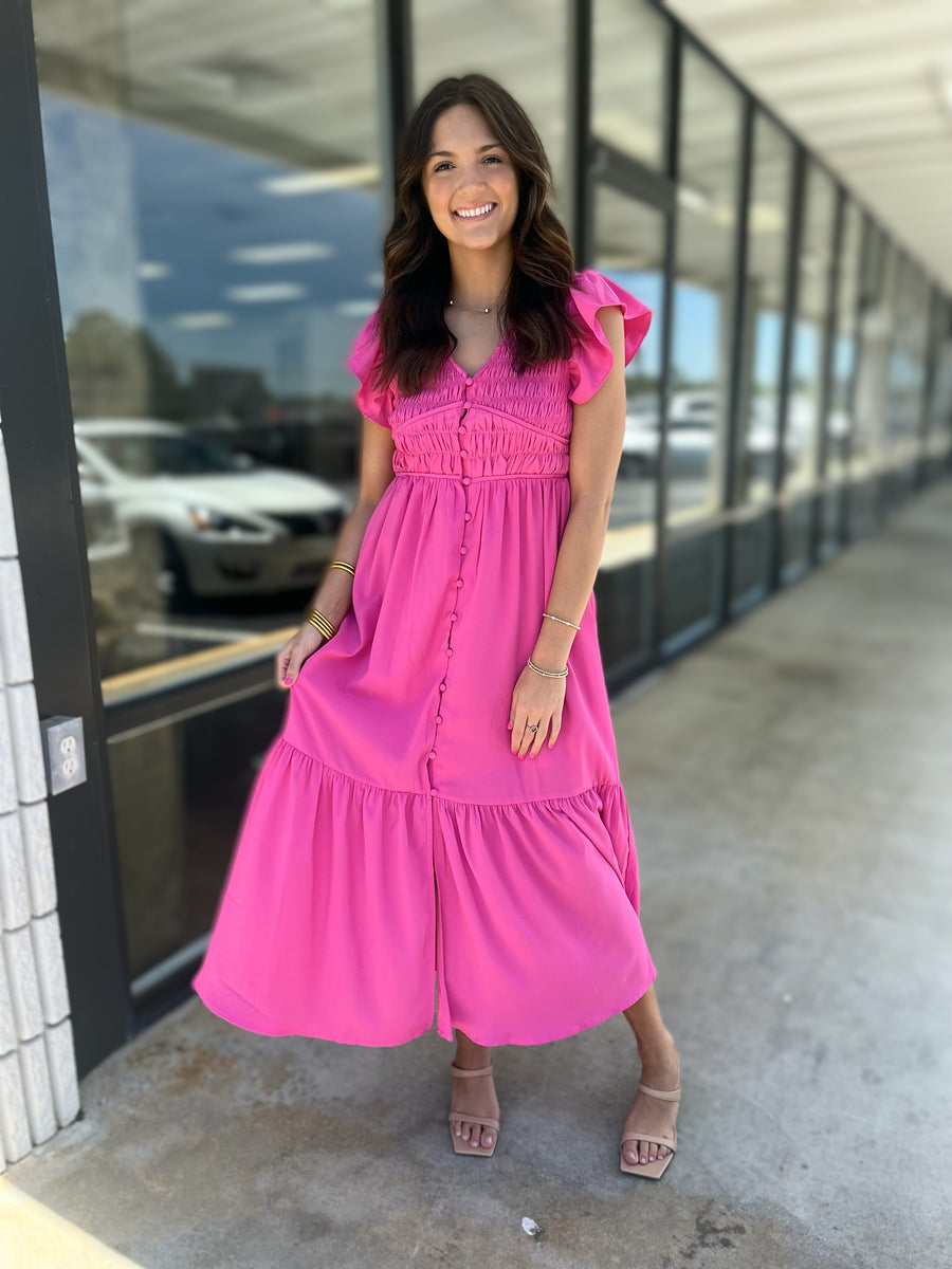 pink tiered dress midi Bella Pink Floral Tiered Ruffle Midi Dress
