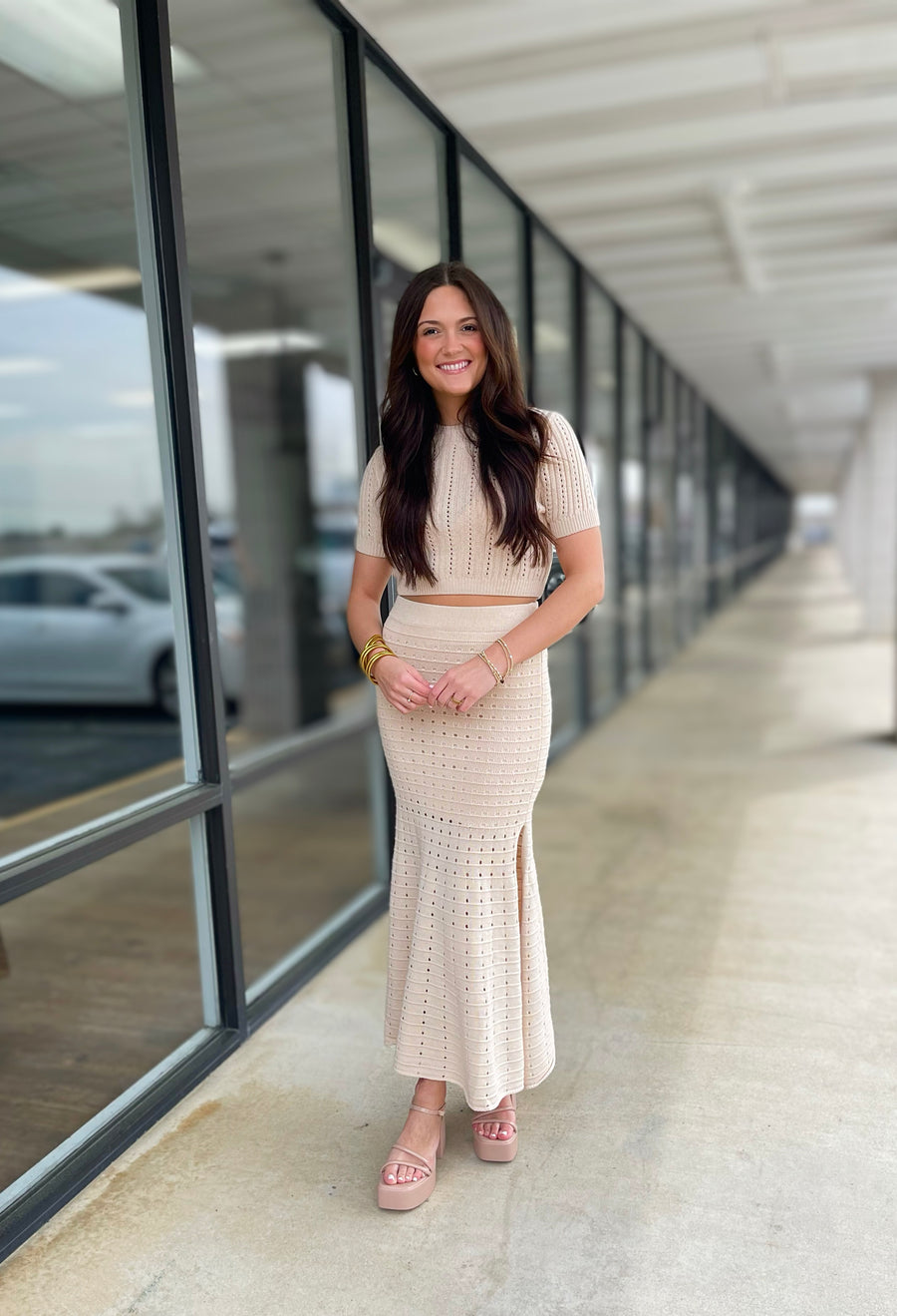 Beige Pointelle Crop Top & Maxi Skirt Set