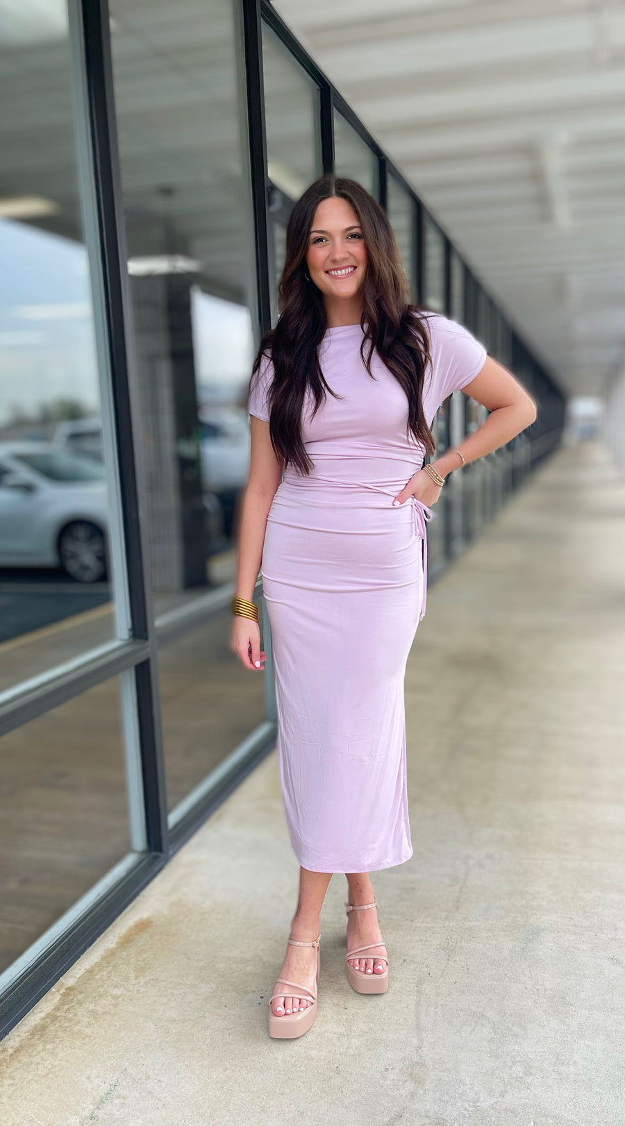 Lilac Ruched Midi Dress