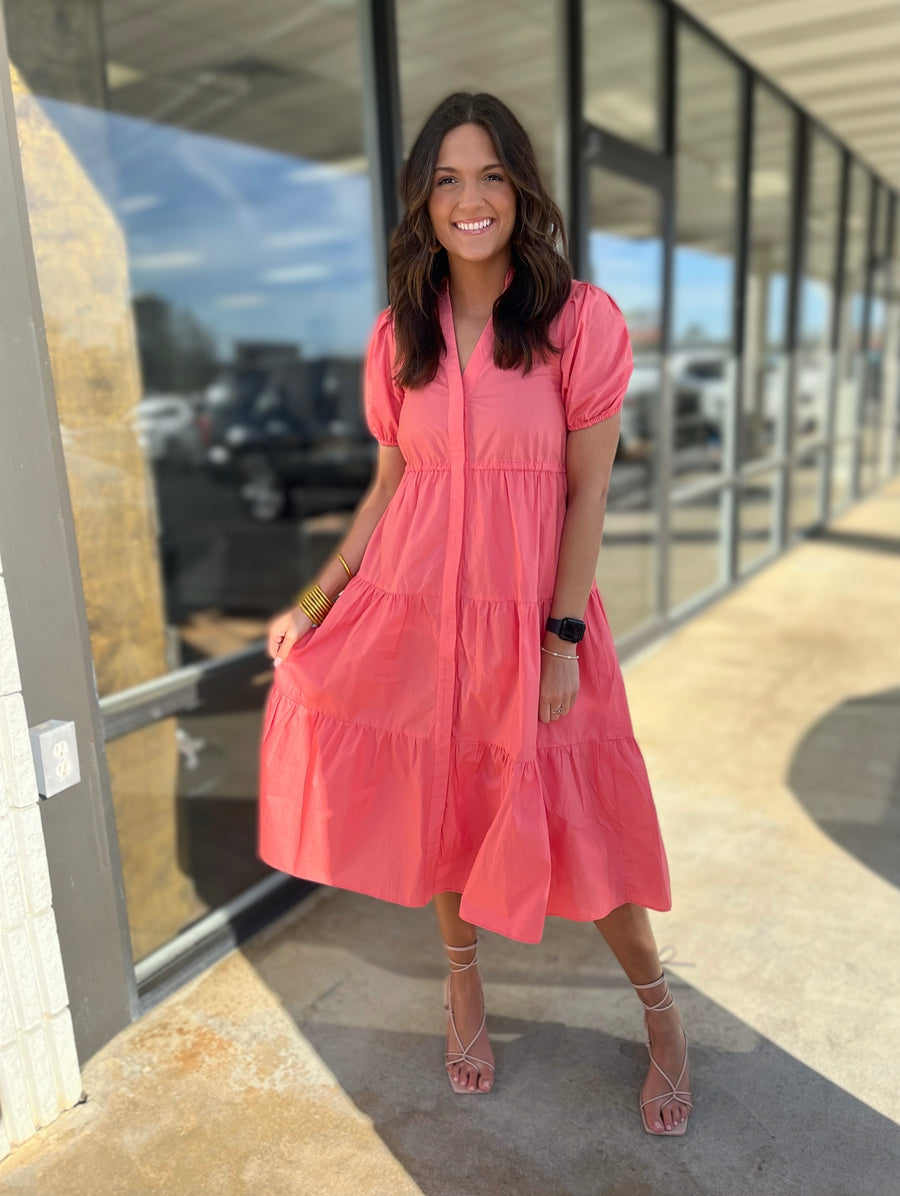 Coral Tiered Midi Dress