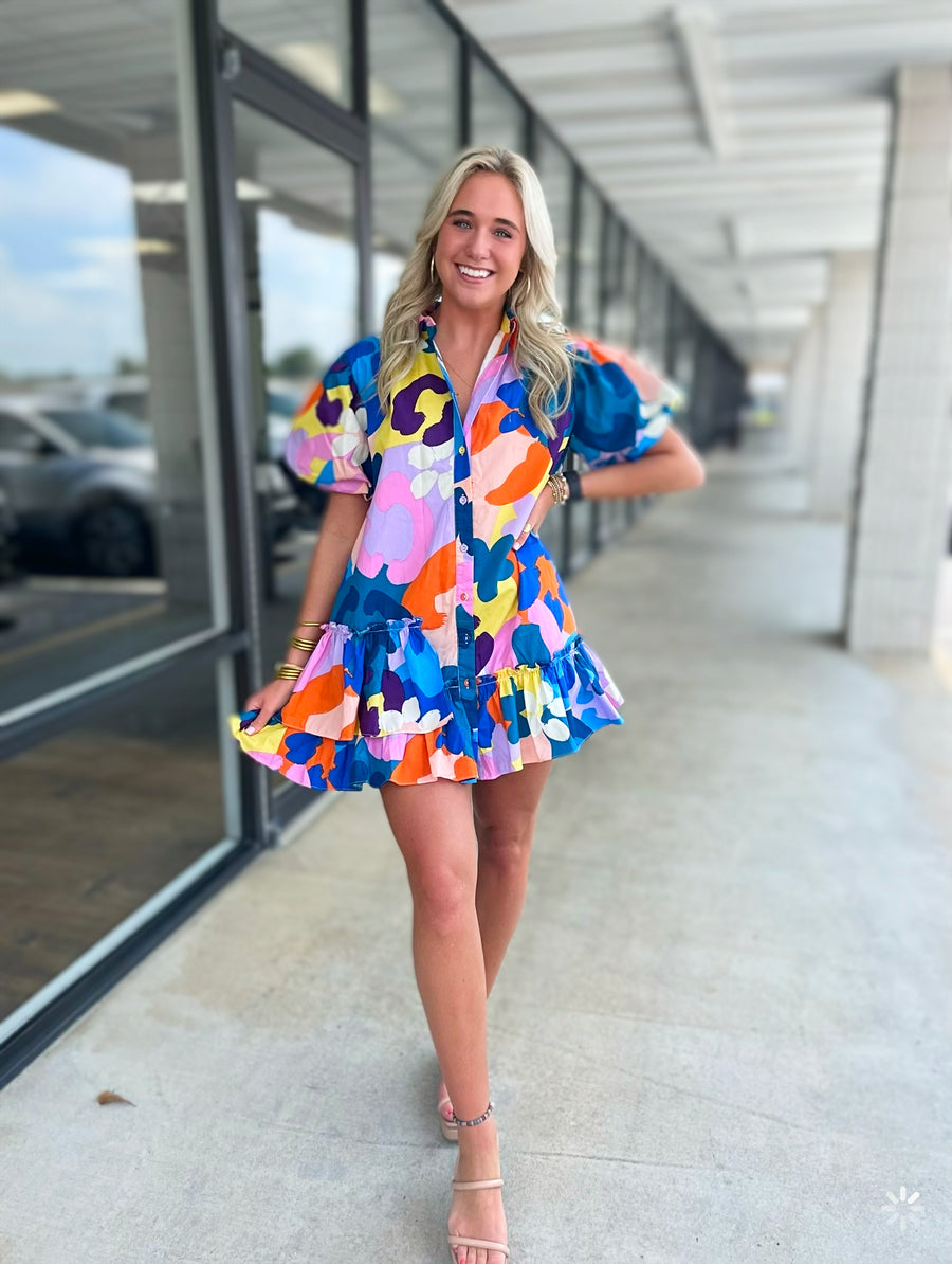 Abstract Floral Puff Sleeve Dress