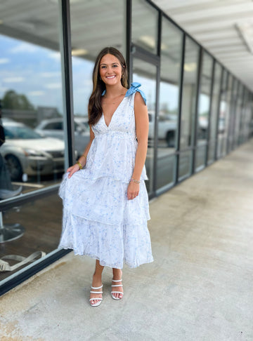 Blue Floral Ruffle Midi Dress