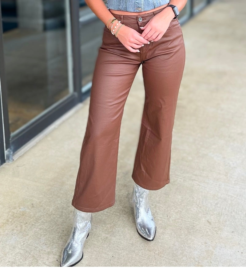 Faux Leather Wide Leg Cropped Pants