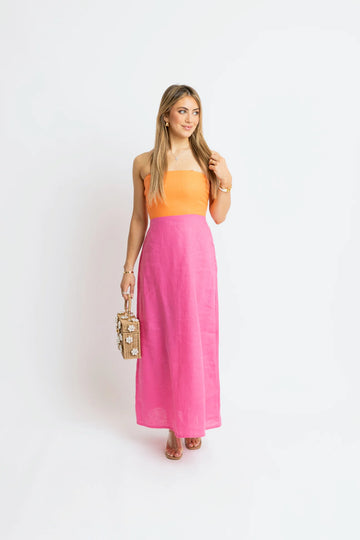 Colorblock Linen Bustier Maxi Dress