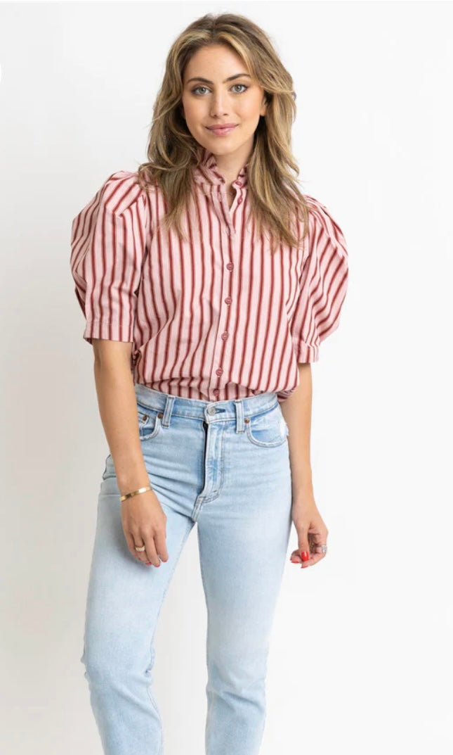 Stripe Puff Sleeve Ruffle Neck Top