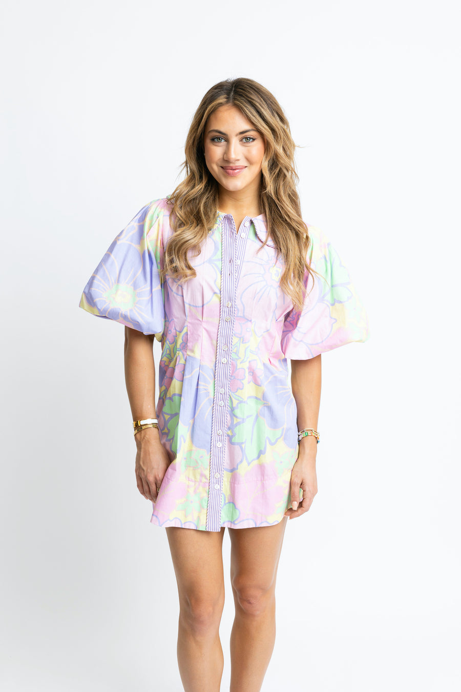 Pastel Large Floral Puff Sleeve Shirt Dress