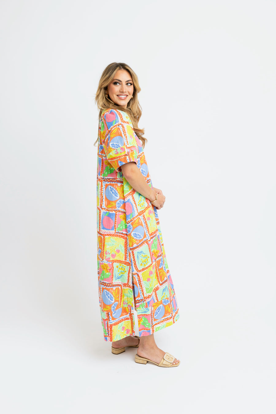 Karlie Fruit Gauze VNeck Maxi Dress