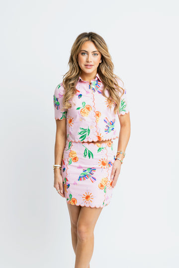 Karlie Toucan Fruit Scallop Button Top
