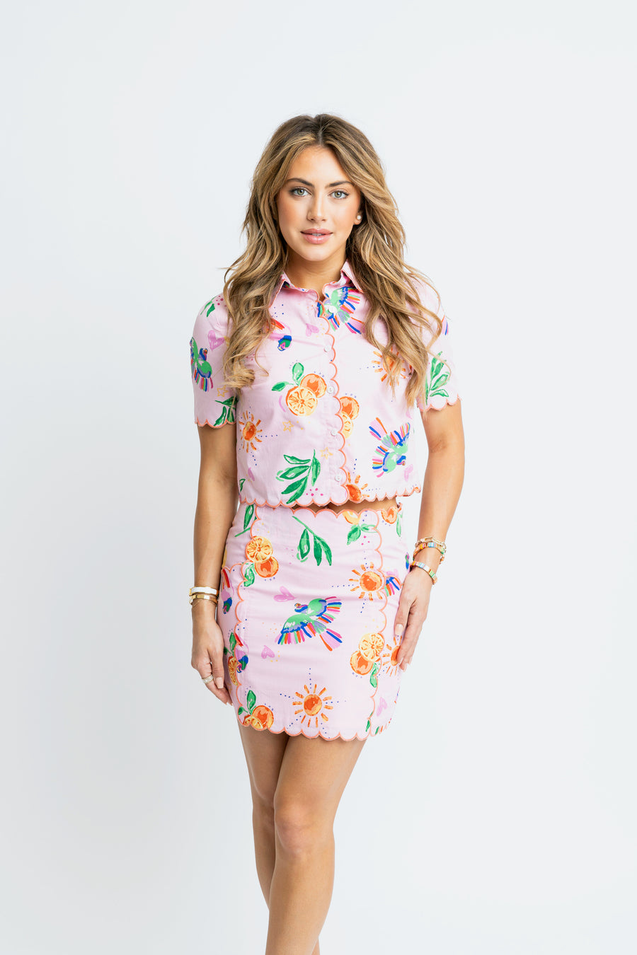 Karlie Toucan Fruit Scallop Button Top