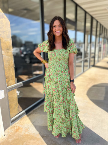 Floral Print Maxi Dress- Green